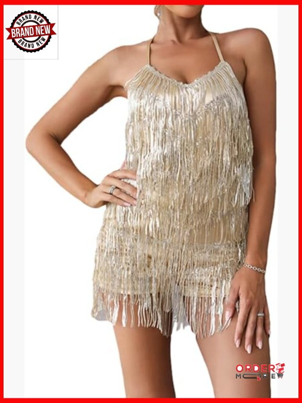 Sequin Fringe Halter Romper Mini Dress Backless Dance Outfit